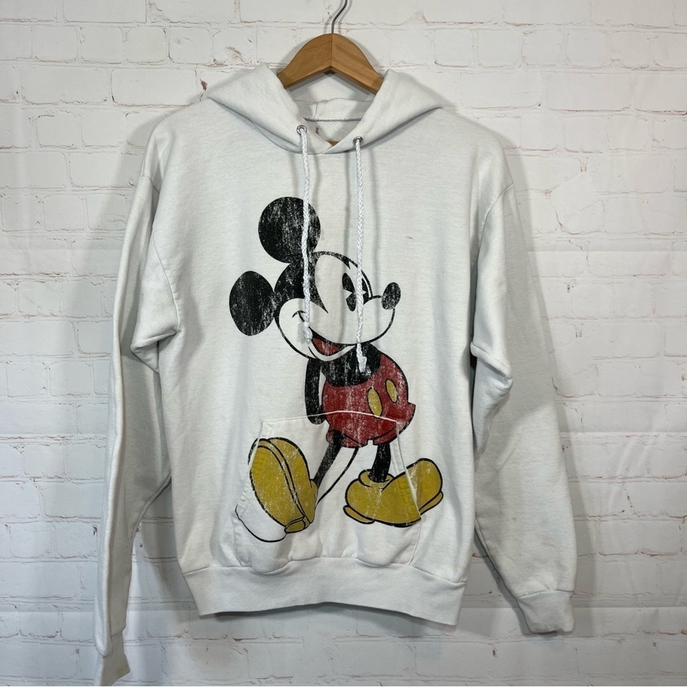 Disney Parks Distressed Mickey Mouse Hoodie Sweatshirt Womens Medium White
